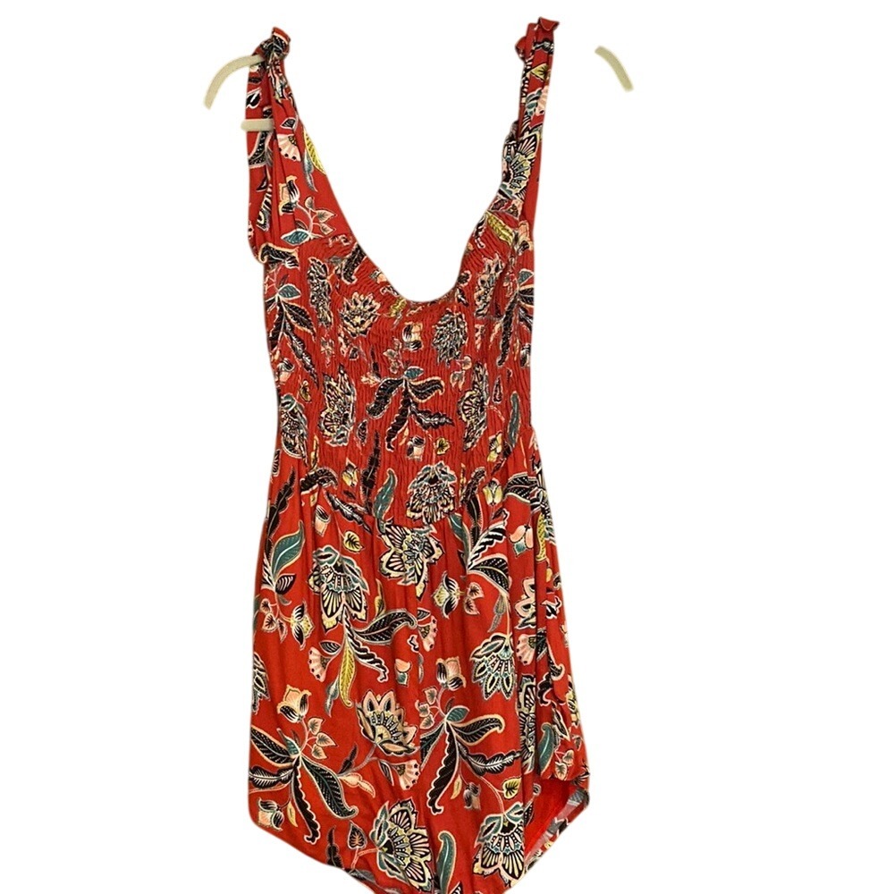 Red Floral Smocked Bodice Romper Medium Sleeveless Jumpsuit